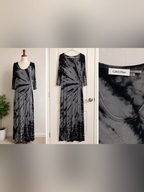 Calvin Klein Gray Black Tie Dye Maxi Dress Size 14